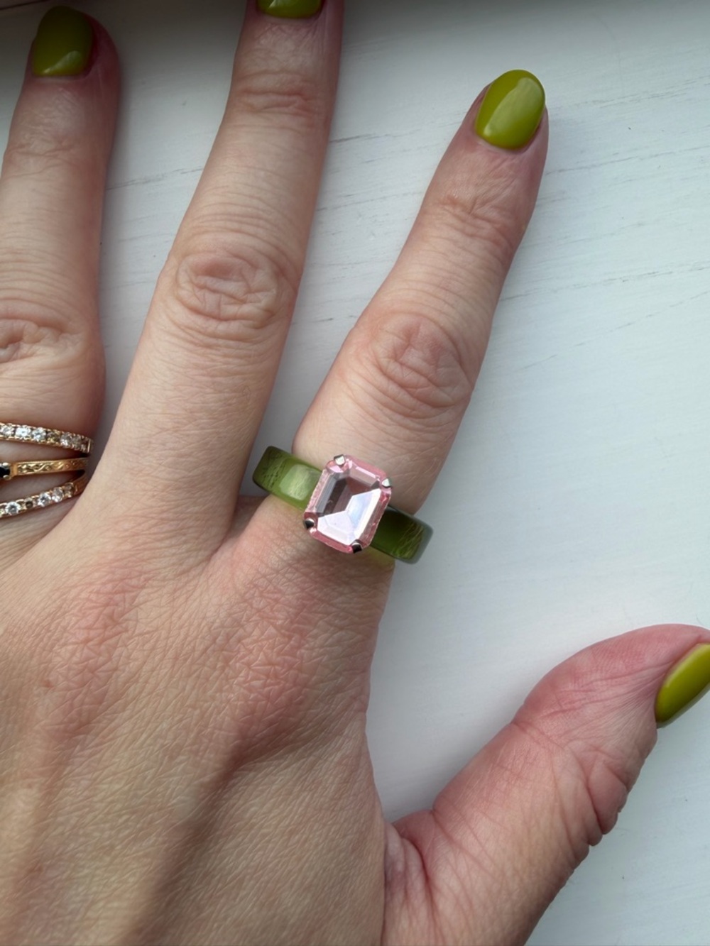 Transparent Green Resin Ring with Pink Emerald-Cut Crystal/Faux Gem - Size 6.5